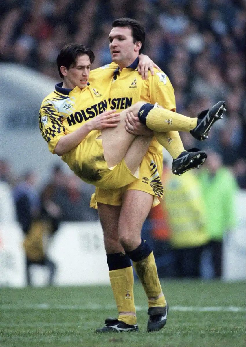 robertmdaws's tweet photo. #NeilRuddock carries off #Spurs team mate #JustinEdinburgh , who was injured in their 4-2 win over #MCFC in FA Cup , March 1993 https://t.co/QW2lrrhi6N