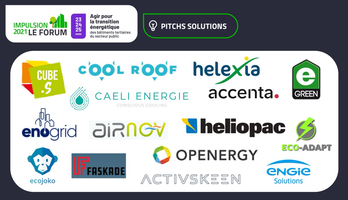 impulsion2021's tweet photo. 🙏 Nous remercions l'ensemble des entreprises porteuses de solutions qui ont pitché lors de cette première journée du #ForumImpulsion2021 @CubePlanete @coolroof_fr @HelexiaDev @ACCENTA_AI @enogrid @heliopac_fr @Openergy @Ecojoko #EcoAdapt @eGreen_fr @ENGIEsolutions https://t.co/R4IJbSEoPd