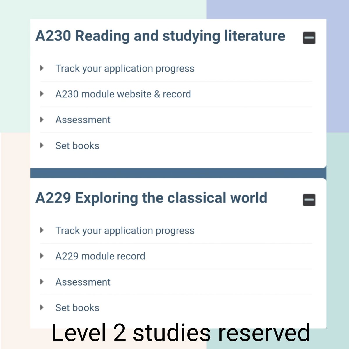 primary_ta20's tweet photo. Got my next two modules reserved for level 2. Can't wait to start these in October 💕
#openuniversity #history #englishliterature #cantwait #artsandhumanaties #student https://t.co/XHGChT2uPd