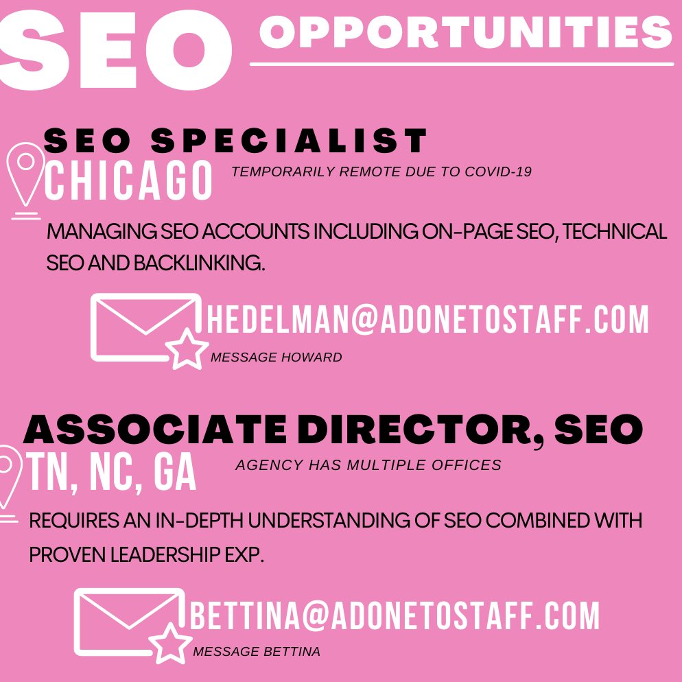 adonetostaff's tweet photo. Available opportunities | https://t.co/BpSWhyDRP3
#SEO #SEOjobs #searchengineoptimization #associates #digitalcareers #hiringalert #mediajobs #marketingcareers #agencyjobs #searchmarketing #searchengines #digitaladvertising
#weareCPS #adonetostaff #wearehiringnow https://t.co/zkFHZsXmqH