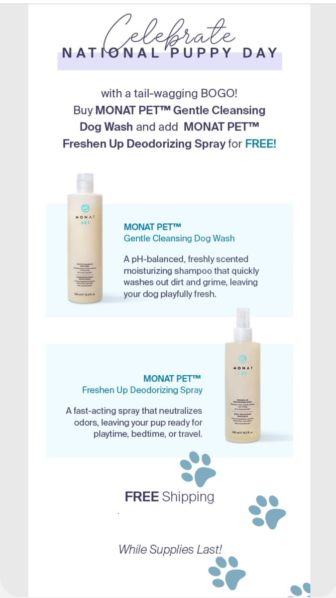 PRISLANDGIRLNY's tweet photo. Celebrate National Puppy❤Day with a tail-wagging🐕 BOGO!
TODAY ONLY!!!
Buy #MONATPET™ Gentle Cleansing Dog Wash and add MONAT PET™ Freshen Up Deodorizing Spray for FREE!(SAVE💰!!! SRP $22)
Available in the USA
❤Brand NEW packaging!❤
📦FREE SHIPPING!📦
While Supplies Last! https://t.co/AFiyBOuayJ