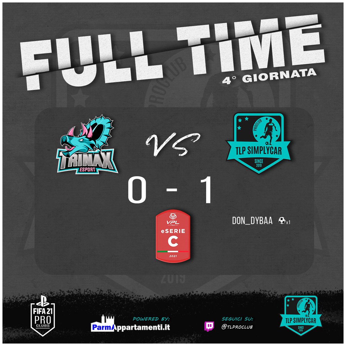 TLProClub's tweet photo. ๐ฅ
| FULL TIME
๐ | 4ยฐ Giornata
๐ | แด๊ฑแดสษชแด ๐
ฒ | @VPLItaly
โ | ๐ | @EsportsTrinax
๐ | 0-1 โ
โฝ๏ธ | @AndreDybaa
#GOTLP ๐ตโซ๏ธ https://t.co/LjMcWpCwQ5