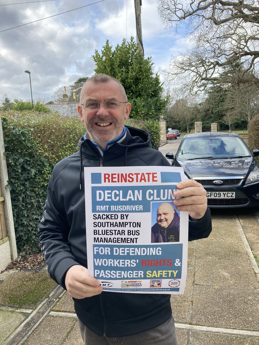 SocialistSouth's tweet photo. We stand with Declan Clune RMT Secretary Southampton Bus and Coach Branch. Defend trade union rights. Stop Bluestar anti-union victimisation. Defend jobs, pay and passenger safety. Join the rally tomorrow ✊✊
#WeStandWithDeclan @MarxistBusMan #Southampton https://t.co/0lypACMQ1D