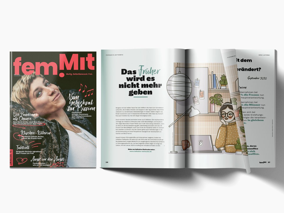 Chefinnensache's tweet photo. Wie sieht die Arbeit der Zukunft aus? In der neusten Ausgabe des #femMit-Magazins von @RominaStawowy  findet ihr die Ergebnisse der aktuellen Chefsache-Studie zu New Work und den Auswirkungen von einem Jahr Pandemie. U.A. dabei: @RundelSilvie @DIEZEIT @McKinsey_de @hensoldt @EnBW https://t.co/v9y2Jl7aqQ