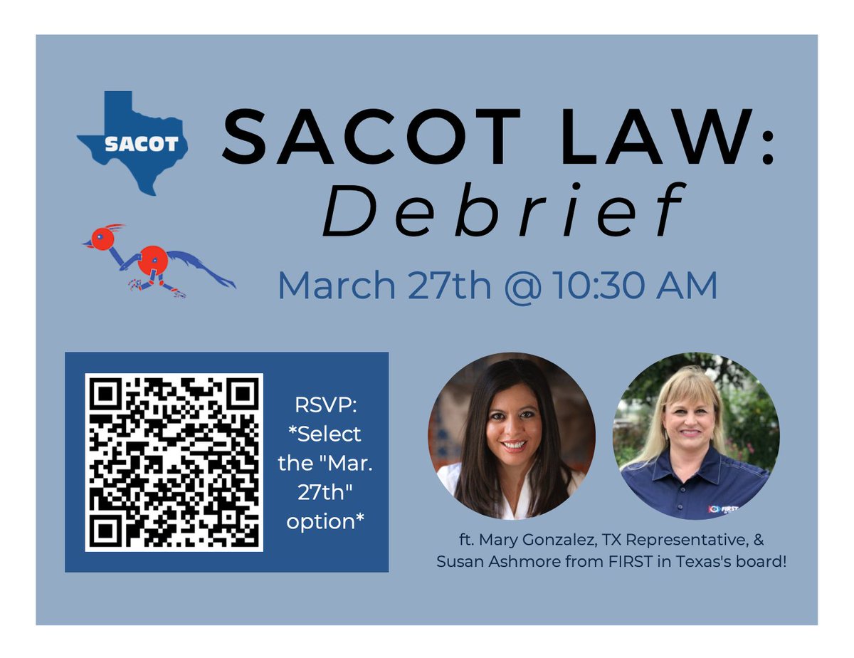 SACOTexas's tweet photo. Debrief is in 4 DAYS! @firstintexas teams, attend to listen to Rep. Gonzalez &amp; Mrs. Ashmore discuss STEM education &amp; answer questions. Teams who attended our Training event--hear about other teams’ legislator meetings in the afternoon! RSVP: https://t.co/WN7WGrVESc! https://t.co/Uma47Djtu2