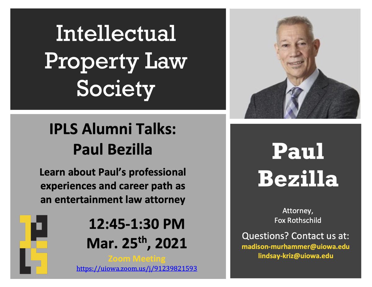 IowaIPLS's tweet image. UIowa IPLS will have our next event on March 25th from 12:45-1:30pm. In this event, Paul Bezilla will be joining us to speak about his career, his current practice at Fox Rothschild, and his professional experiences as an entertainment law attorney. We hope to see you all there!
