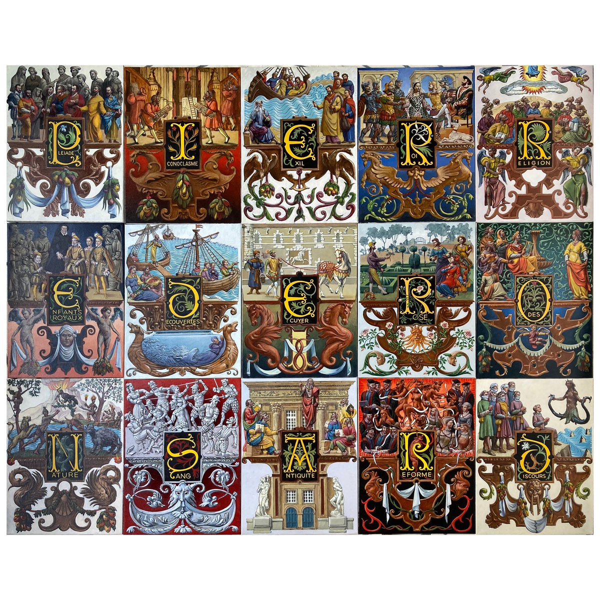 Flere's tweet photo. Finished spelling out Pierre de Ronsard. Each letter allows me to illustrate the life of a court’s poet in the tumultuous 16th century, from religious conflicts to overseas adventures. Each oil on canvas letter is 24 x 18 inches, 2020-2021.
#pierrederonsard #ronsard #lettrine https://t.co/3ikwkH6xRc