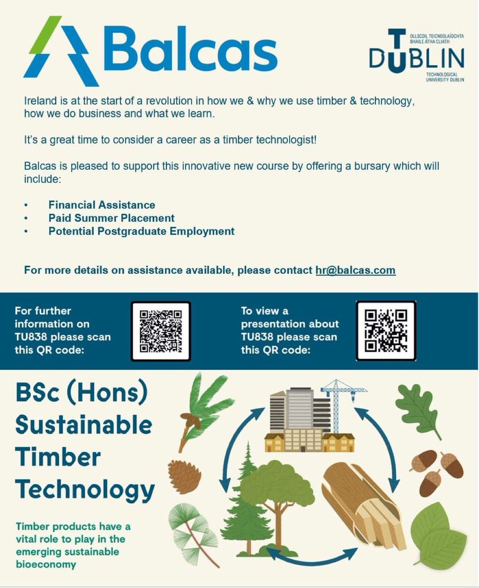 Delighted to support TUDublin (TUD) by offering a bursary to study a brand-new, 4 year honours degree in Sustainable Timber Technology

Register to attend TUD’s info webinar on Thursday 25/03/21 from 4.30-5.30pm by clicking this link: tinyurl.com/TU838

#TimberTechnologists