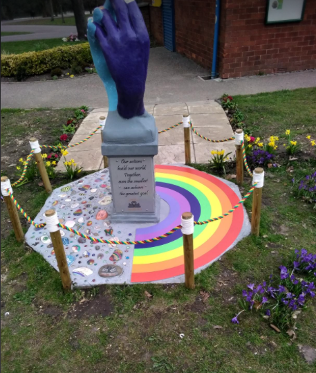 SandallPark's tweet photo. We are pleased and proud, on this the first anniversary of the first lockdown to announce that our Covid Memorial is finished. It's been a great team effort and everyone involved is to be congratulated on this amazing memorial. We hope you like the finished article: Caring Hands https://t.co/YTiIYr8WsR