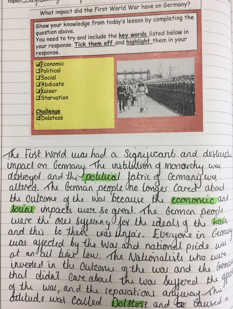 Tried a simple idea with Year 10 this week that worked well. Provided students with a question I wanted them to answer and a checklist of vocabulary that they must include. #historyteacher #edutwitter