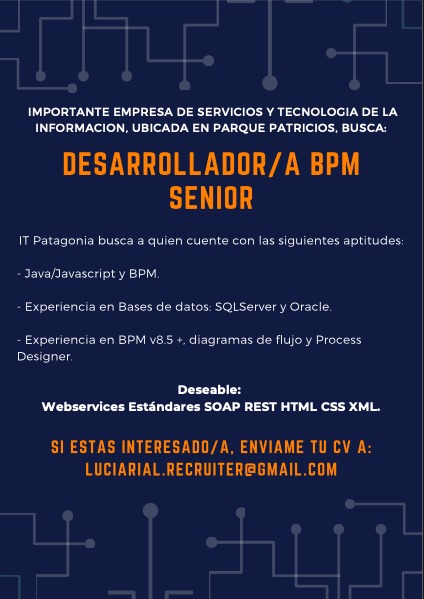 LRrecruiterIT's tweet photo. Hola comunidad!
Si sos Desarrollador/a BPM y estas buscando crecer en tu carrera, esta es tu oportunidad!
#busquedalaboral #desarrolladorjava #javascript #sqlserver #oracle #soap #html #xml #css

@chprogramadoras @ChicasProgAR @SomosCodear  @comunidadmet @wwcodeba @chicasentec https://t.co/qhJ1xQceym