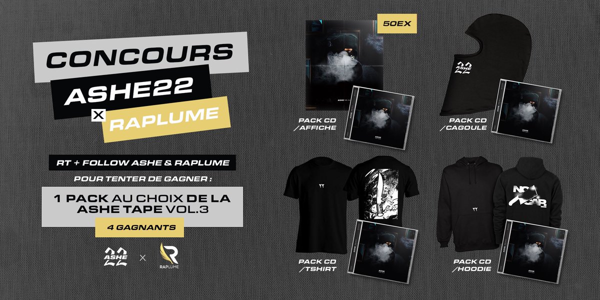 ShadesFrance's tweet photo. 🎁 CONCOURS

Tente de gagner 1 pack de ton choix de la Ashe Tape Vol 3 (4 gagnants ⚠️)

▫️RT + Follow @Ashe_lz &amp; @Raplume

Bonne chance ! 🔪 https://t.co/bwDry5MFg6