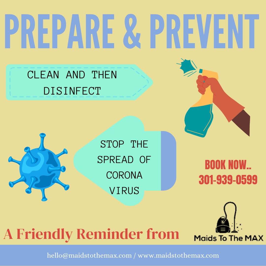 MaidsMax's tweet photo. Prepare & Prevent
Clean and then Disinfect
Stop the spread of coronavirus
#housecleaning #clean
#maidstothemax #covid
#residentialcleaning #house #cleanhome #housekeeping #cleaningservice #cleaning #cleaninghacks #homesweethome #disinfect #cleaner #instaclean #cleaningmotivation https://t.co/2XqDRPGIVg