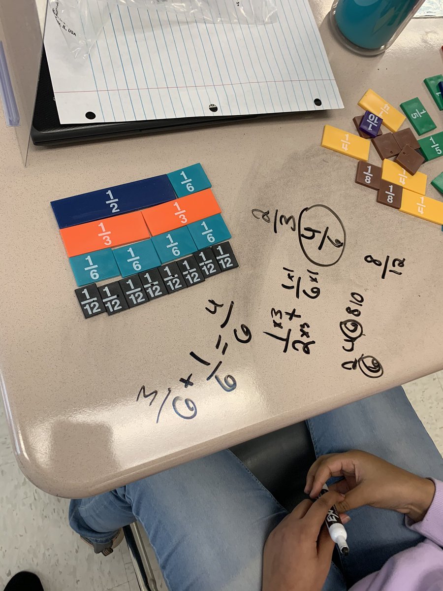 aleaglen's tweet photo. 1/2 + 1/6 👉Some sense-making happening here! This student was making connections between her fraction tiles model and the algorithm that she knew. @AmberSm73438014 #fdestars @LCPS_Math #iteachmath #mtbos https://t.co/8p3bzuJvve