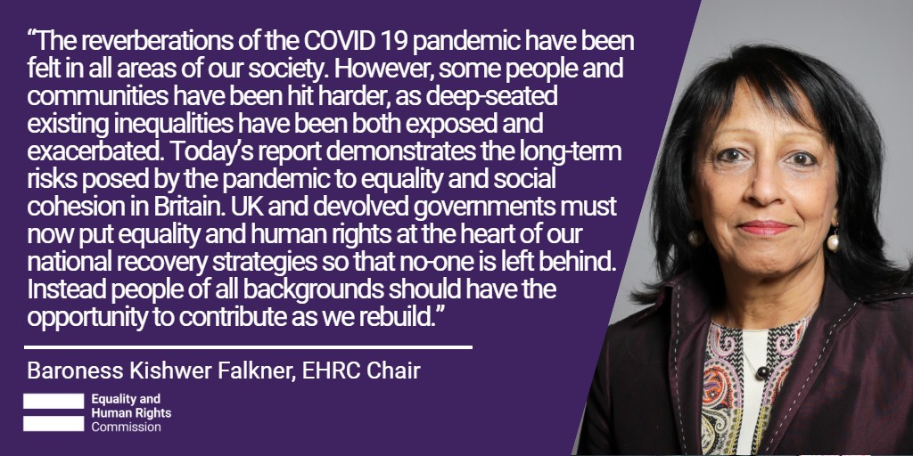 EHRC's tweet image. Responding to @BritishAcademy_'s report which warns of a "Covid decade" following the pandemic, @EHRCChair says that "UK and devolved governments must now put equality and human rights at the heart of our national recovery strategies so that no-one is left behind."