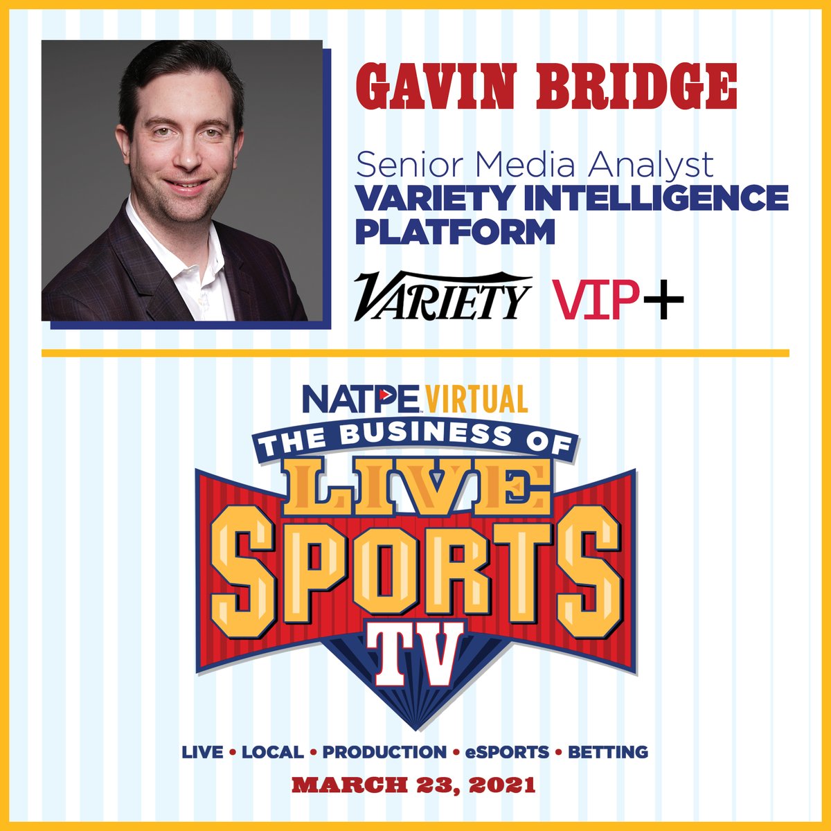 Variety's tweet photo. Today at 11 a.m. PT! Don't miss #VIP senior media analyst Gavin Bridge and correspondent @heidi_chung delivering incisive industry insights at NATPE Virtual: The Business of LIVE SPORTS TV. FREE Registration! https://t.co/yEk4goYk2g 🏈⚽️🎾⛹🏻‍♂️🏏📺 @Variety #NATPEVirtual https://t.co/fJSB9k33OC