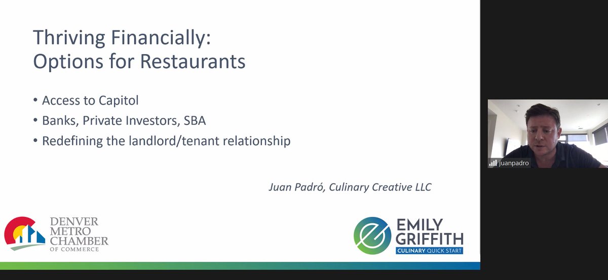 DenChamber's tweet photo. Juan Padro w/ Culinary Creative is sharing what funding is available to Colorado's #restaurant industry at our #GoldProgram today. "I'm here to tell you there is money out there." @EGTechCollege @CulinaryQuick https://t.co/jXKCHFle7R
