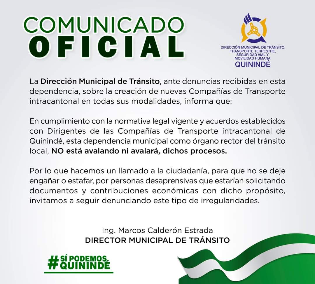 GADQuininde's tweet photo. ATENCIÓN || Dirección Municipal de Tránsito del cantón Quinindé, informa: https://t.co/Fahx4xMeoW
