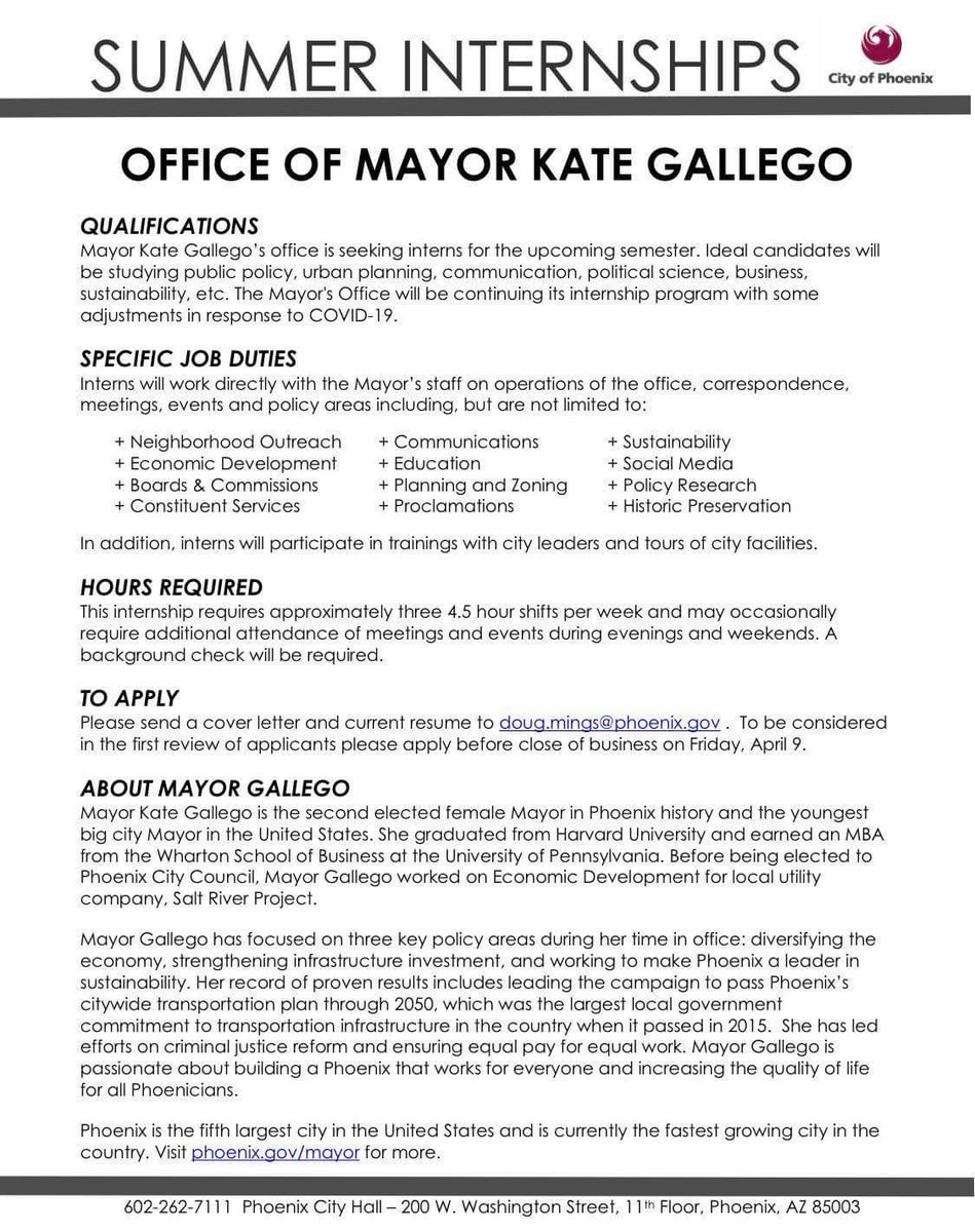 PastorCenter's tweet photo. The office of Mayor Kate Gallego is now accepting applications for summer internships. This opportunity is open to undergraduate and graduate students. Applications are due April 9th, 2021. https://t.co/WCpK4CbtOP
