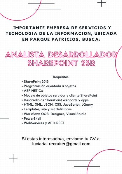 LRrecruiterIT's tweet photo. Si sos Analista Desarrollador Sharepoint y querés dar el siguiente paso en tu carrera, no te pierdas esta postulación!

#Sharepoint #busquedalaboral #asp #net #javascript #html #XML #json #Jquery

@chprogramadoras @ChicasProgAR @SomosCodear  @comunidadmet @wwcodeba @chicasentec https://t.co/fsBO6bXRSj
