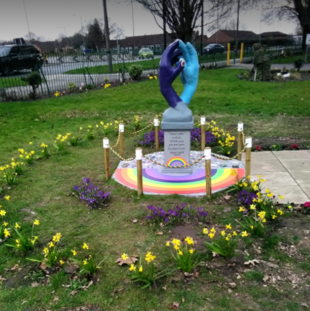 SandallPark's tweet photo. We are pleased and proud, on this the first anniversary of the first lockdown to announce that our Covid Memorial is finished. It's been a great team effort and everyone involved is to be congratulated on this amazing memorial. We hope you like the finished article: Caring Hands https://t.co/YTiIYr8WsR