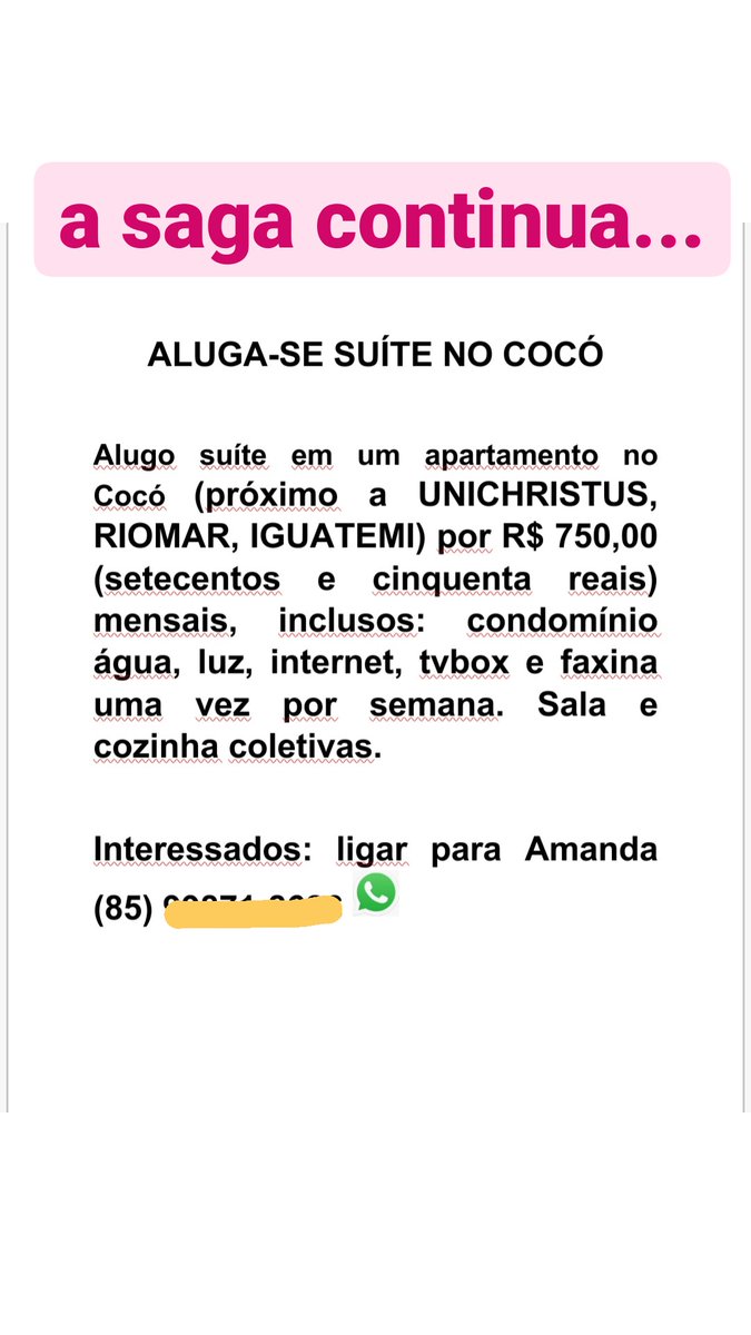 amandagcoelho's tweet photo. galera.. tem um quarto disponível aqui em casa pra aluguel.
o bairro é massa e o AP também. quem tiver interessado ou quiser tirar dúvidas.. estou a disposição.
#fortaleza #aluga #quarto https://t.co/bf0JlvWI05