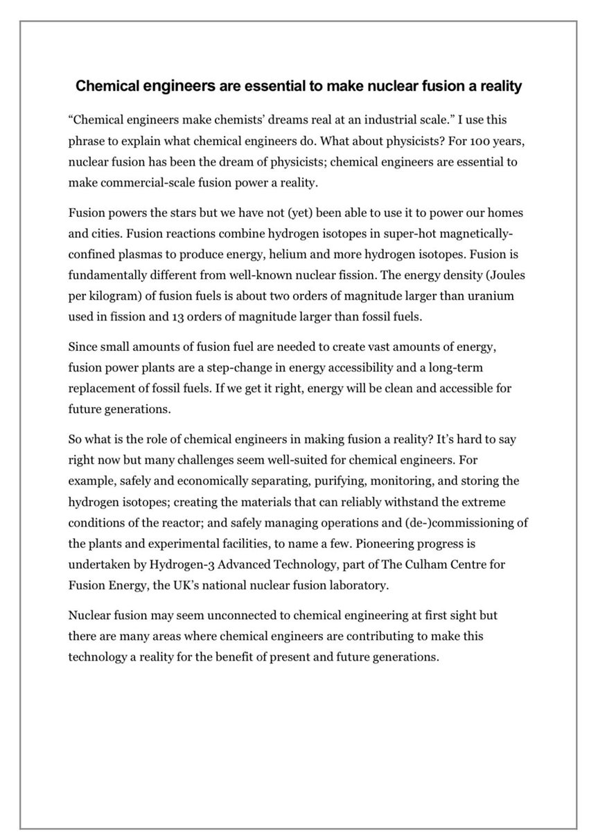 "Chemical engineers make chemists’ dreams real at an industrial scale"...but what about physicists? 🤔

Eduardo Garciadiego-Ortega's essay on how #ChemicalEngineers are essential to make #NuclearFusion a reality is our #ArticleCompetition 3rd position winner! 🙌🎊

<a href="/grcdg/">Eduardo GO</a>