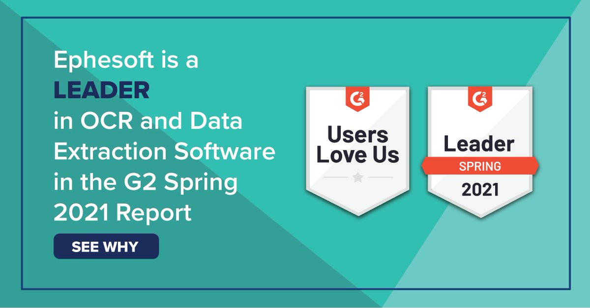 📣 Hot off the press! Today, the <a href="/G2dotcom/">G2</a> Spring 2021 Report released announcing Ephesoft as a leader in two categories based on customer reviews: OCR and Data Extraction! See why: bit.ly/2zJJ49o #customerreviews #weloveourcustomers #OCR #dataextraction #leaders