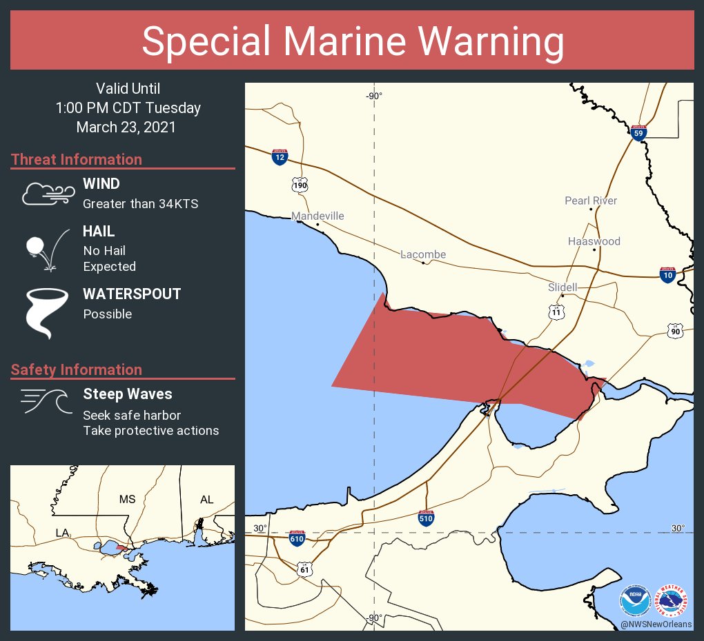 NWSNewOrleans's tweet photo. Special Marine Warning including the Lake Pontchartrain and Lake Maurepas and Lake Borgne until 1:00 PM CDT https://t.co/IDqYLXsQmg