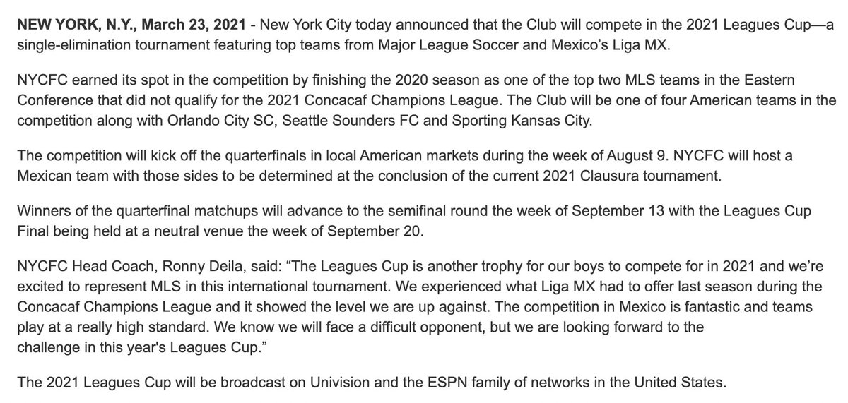 GlennCrooks's tweet photo. #NYCFC joins 3 other #MLS teams in 2021 @LeaguesCup
@NYCFC @MLS @SportingKC @OrlandoCitySC @SoundersFC https://t.co/tV87FsE9Yi