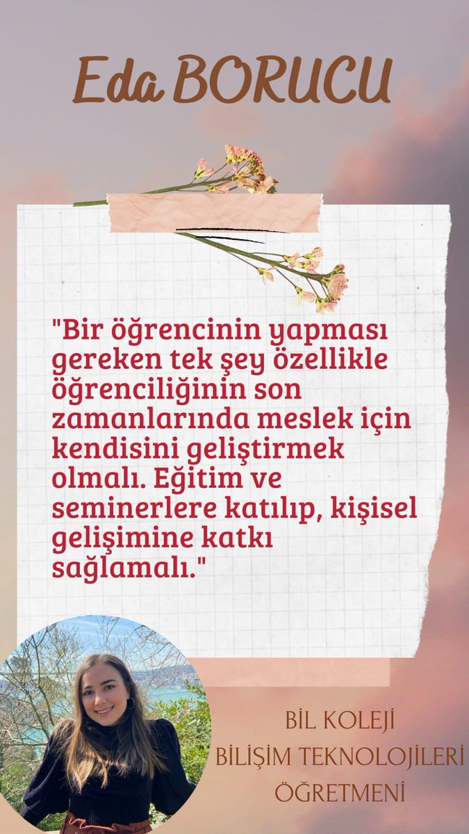 Bil Koleji Bilişim Teknolojileri Öğretmeni Sn.Eda Borucu ile röportajımız yayınlanmıştır.Mesleğini çok severek yapan Eda Hocamıza keyifli sohbeti için teşekkür ediyoruz. <a href="/ollibii/">Eda Borucu</a> 
Özel okuldaki öğretmenliğe dair merak edilenler için link: 
botemezunu.com/edaborucu/👈
