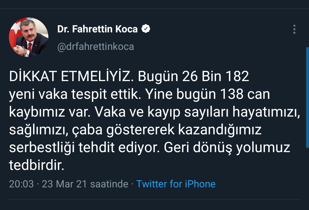 muhendisyenn's tweet photo. DİKKAT ETMELİYİZ.Bugün 26 Bin 182 yeni vaka tespit ettik. Yine bugün 138 can kaybımız var. Vaka ve kayıp sayıları hayatımızı, sağlımızı, çaba göstererek kazandığımız serbestliği tehdit ediyor. Geri dönüş yolumuz tedbirdir

Sabır.
#KabinedenİptalBekliyoruz

https://t.co/b8yMeaT9Of https://t.co/AExruxCd1x