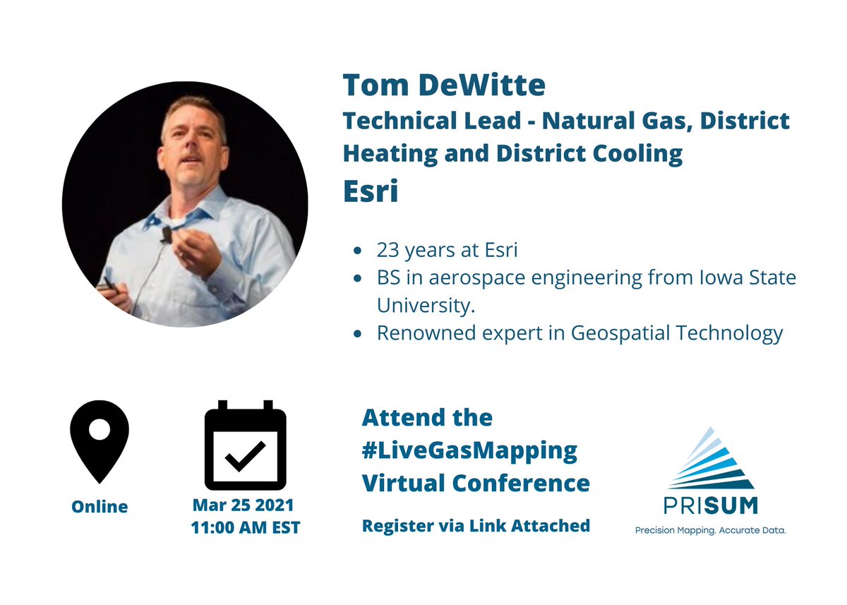 PRISUM_tech's tweet photo. Honored to host Tom DeWitte from @Esri and his deep expertise in geospatial technology at the #LiveGasMapping conference. Don't miss it! Register at >>> https://t.co/tya0hoJr00
#mapping #infrastructure #utilities #webinar #gas #innovation #technology #energy #event #conference https://t.co/pvOiViOKWb
