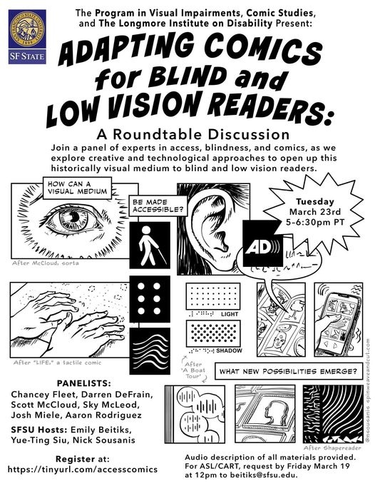 ProjectHearing's tweet photo. ID: The Program in Visual Impairments, Comic Studies and The Longmore Institute on Disability Presents: Adapting Comics for Blind and Low Vision Readers...[character limit. full description on Instagram...]

Register at: https://t.co/dzWLwupLYo https://t.co/8sglZJjuxp