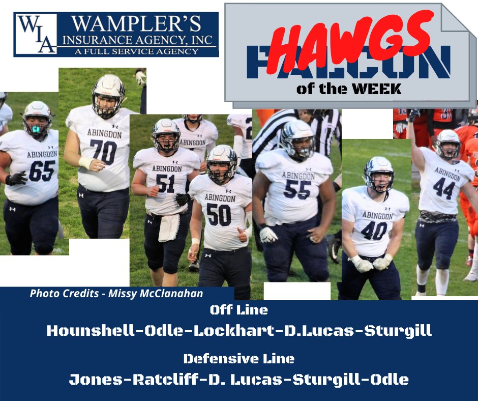 RadioAbingdon's tweet photo. Congratulations to the @WamplersIns FALCONS of the WEEK, the Falcon Football HAWGS.
AHS dominated both lines of scrimmage beating Union 41-6.
OLine--#51Lockhart,#70Odle,#51Sturgill,#55Lucas,#65Hounshell
DLine-- #6Jones,#44Ratcliff,#70Odle,#51Sturgill,#55Lucas
Shirts on the way... https://t.co/um1hlRxxhg