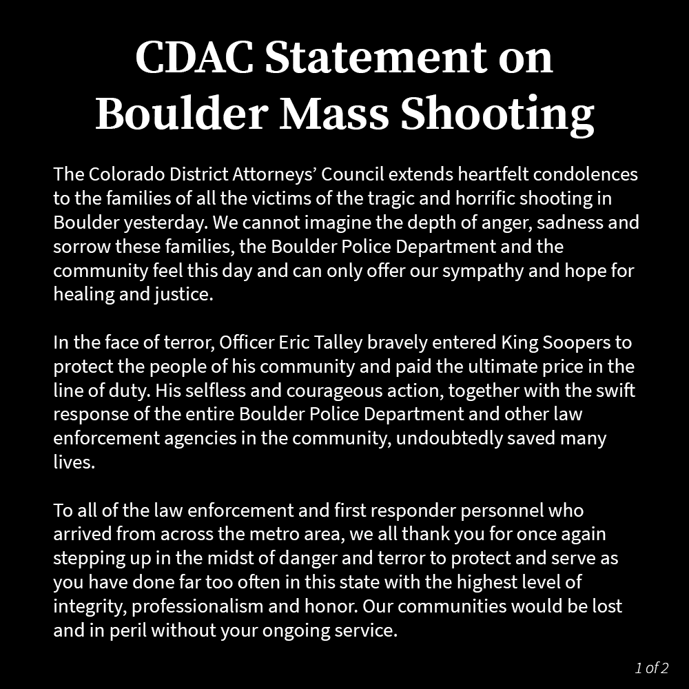 COprosecutors's tweet photo. Our thoughts and condolences go out to everyone impacted by this senseless attack on our Colorado community. https://t.co/DmX6KF5E3p