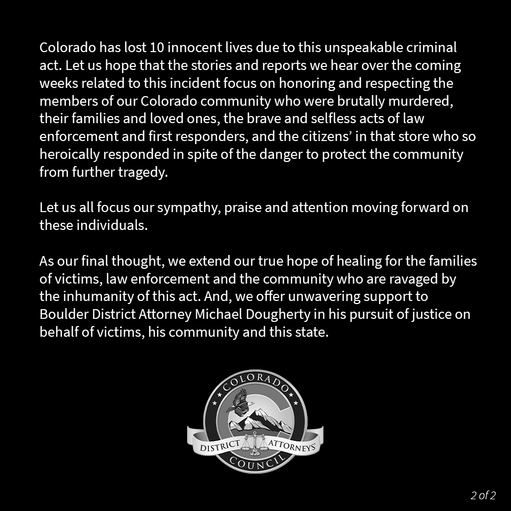 COprosecutors's tweet photo. Our thoughts and condolences go out to everyone impacted by this senseless attack on our Colorado community. https://t.co/DmX6KF5E3p