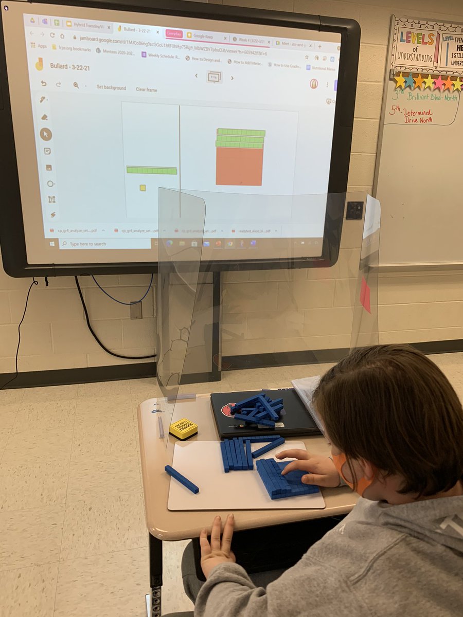 aleaglen's tweet photo. Math problem solving in hybrid looked like this: students w/ manipulatives in hand, Jamboard w/ virtual manipulatives for modeling and scribing student thinking. Ss were engaged and sharing all kinds of thinking and representations! 🤩#fdestars @MrsAHarris14 @FDEStars @LCPS_Math https://t.co/R8b2wdCqZg