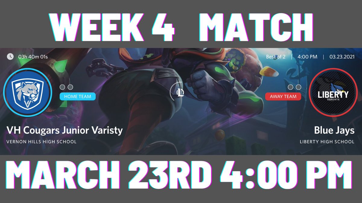 Tonight at 4:00 pm the Blue Jays (6-0) take on Vernon Hills High School (6-0) for the week 4 match. Watch live at twitch.tv/libertyhs_espo…