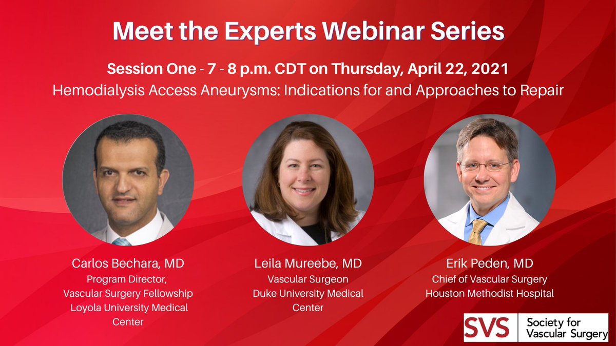 VascularSVS's tweet photo. Register today for the first of four "Meet the Experts" webinars, which will cover Hemodialysis Access Aneurysms. Learn more &amp; register here: https://t.co/Z6wiFJpsFd https://t.co/S55bYPXMo8