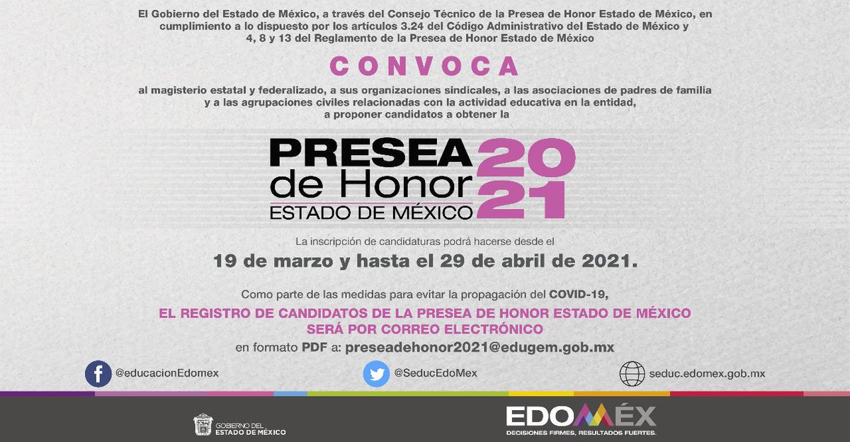Edomex's tweet photo. Tienes hasta el 29 de abril de 2021 para registrar candidatos a la #PreseaDeHonor2021 a través del correo preseadehonor2021@edugem.gob.mx. https://t.co/HU7Mi948Ft
