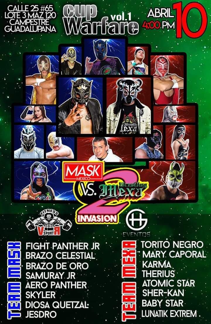 LaTijeraLucha's tweet photo. Sábado 1️⃣0️⃣ de abril a las 16:00 horas, llega a la #CampestreGuadalupana la primera fase de #CupWarfare entre #MaskMexico en contra de #MexaWrestling.
#latijeraluchalibre https://t.co/2uXRjTpFIr