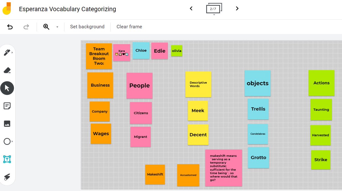 BeebeExplorers's tweet photo. @MangumExplorers fifth graders categorizing vocabulary from #EsperanzaRising @PamMunozRyan chapter: Las Almendras. 📚📖📝 #Roomies and #Zoomies working together on @Zoom  #BreakoutRooms &amp; @JamboardEDU! #evaluativethinking #hybridlearning #WeAreDPS #giftednessknowsnoboundaries https://t.co/d7PdTvOh9I