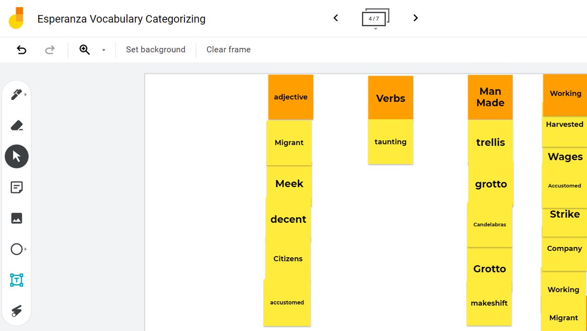 BeebeExplorers's tweet photo. @MangumExplorers fifth graders categorizing vocabulary from #EsperanzaRising @PamMunozRyan chapter: Las Almendras. 📚📖📝 #Roomies and #Zoomies working together on @Zoom  #BreakoutRooms &amp; @JamboardEDU! #evaluativethinking #hybridlearning #WeAreDPS #giftednessknowsnoboundaries https://t.co/d7PdTvOh9I