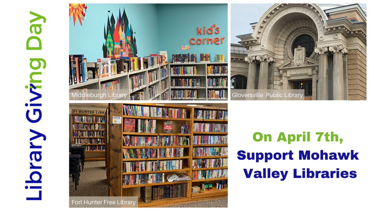 mvlsNY's tweet photo. April 7, 2021 will be #LibraryGivingDay!

Support the 14 libraries in our system by donating to the Foundation for Mohawk Valley Libraries. Since 2015, the Foundation has provided over $62,000 to Mohawk Valley Libraries.

More information here: https://t.co/d3FLbxlWuo https://t.co/augJoaQ7eg
