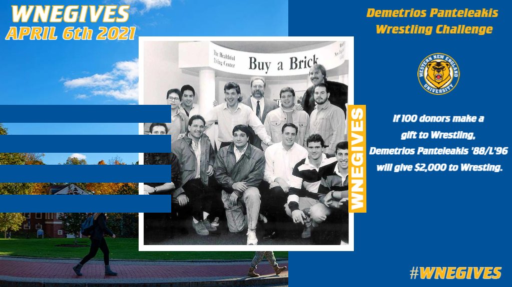 MSugermeyer's tweet image. The countdown is on to #WNEgives on April 6!

If 100 donors make a gift to Wrestling, Demetrios Panteleakis '88/L'96 will give $2,000 to Wresting. 

To make a gift visit wnegives.com and make sure to designate your gift to Men's Wrestling! #AlwaysAGoldenBear