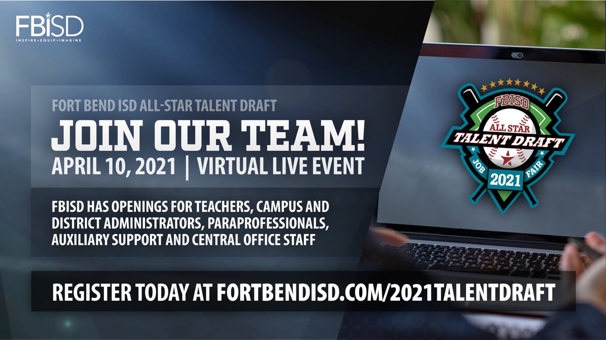 FortBendISD's tweet photo. Fort Bend ISD will host its 8th annual All-Star Talent Draft in a virtual format that allows candidates to network, chat and interview safely with hiring managers. The event will be held Saturday, April 10, from 9 a.m. to 2 p.m. ⚾️

Register today at https://t.co/pqslWOxSeY. https://t.co/YYhw1EpvkH