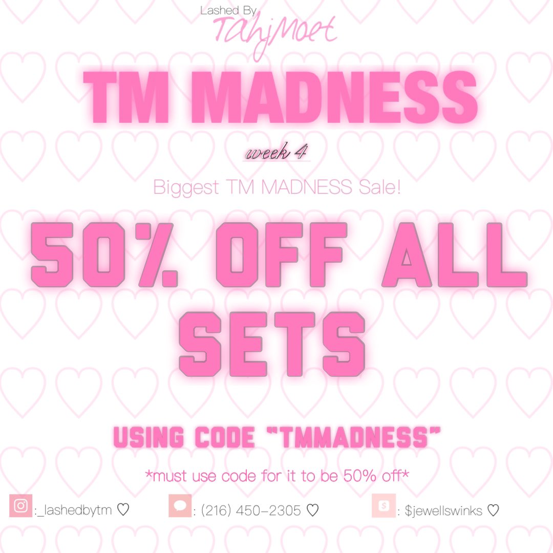 50% SALE!!!! HOW ARE YOU NOT BOOKING??? 💗💗 

Use code “TMMADNESS” For 50% off!! 

lashedbytm.as.me 
#BlackOwnedBusiness #clevelandlashtech #clevelandlashes #lashes #minklashes #minkstrips #clevelandbraider #25mmlashes #25mm #viral #explorepage