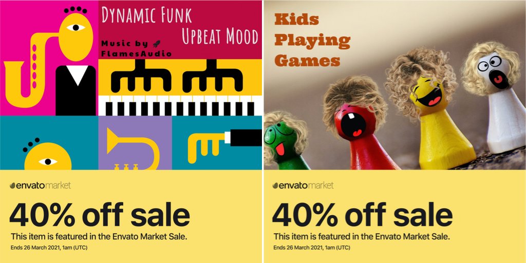 flames_audio's tweet photo. Music from #FlamesAudio were selected by #Envato for the annual Envato's March sale! 40% OFF! #funk #music and music for #kids projects. 
Check it out: 
''Dynamic Funk Upbeat Mood'':
https://t.co/LYaJSvApFr 
''Kids Playing Games'':
https://t.co/8Ek8StyNdQ

#backgroundmusic https://t.co/i4RDDF6Q9E