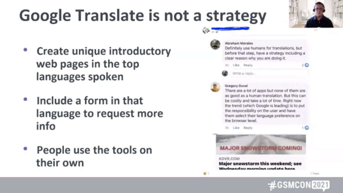 Great suggestions from <a href="/abraham1morales/">Abraham Morales</a> for how to translate key pages of your website with the help of human translators. #GSMCON2021